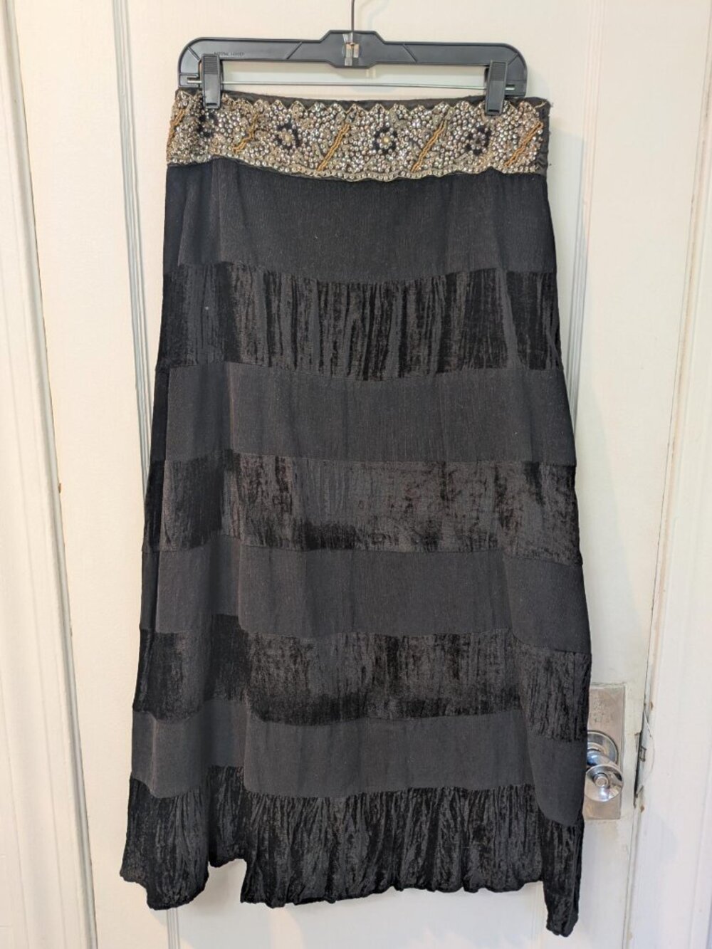 KAS Designs Black Velvet Tiered Skirt with Beaded Waistband - M